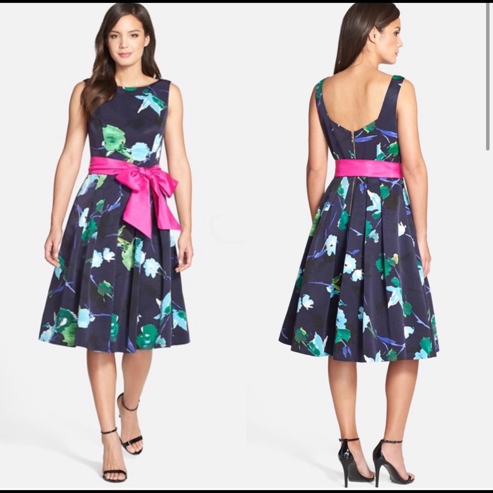 Eliza J | Floral Faille Fit & Flare Navy Bow Dress